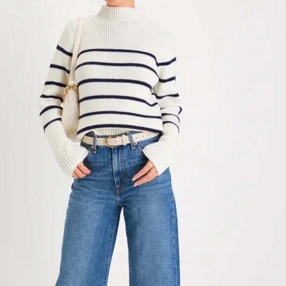 Lulus Confident Poise White Striped Mock Neck Pullover Sweater - Size M - Picture 2 of 8
